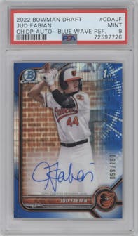 Jud Fabian from the 2022 Bowman Draft set featuring a Blue Wave Refractor parallel graded by PSA and given an overall grade of 9.
