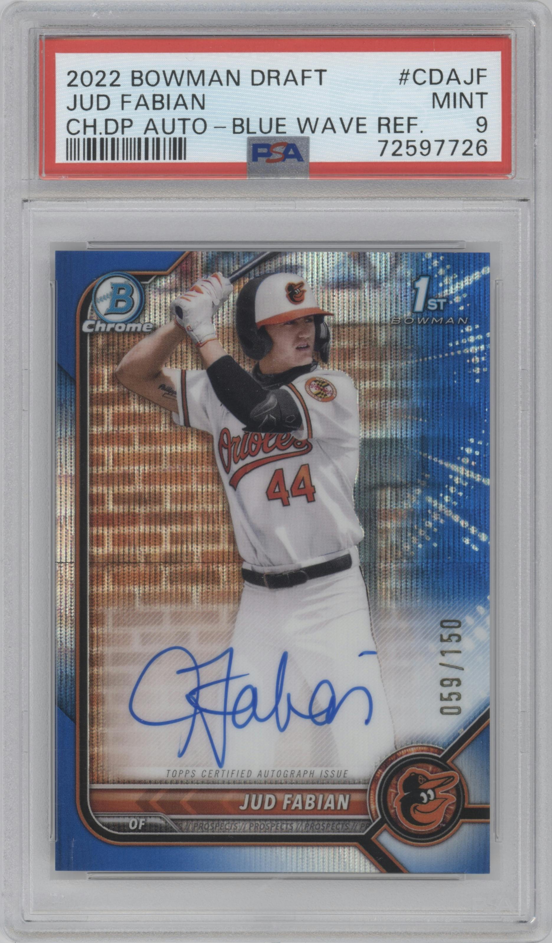 Jud Fabian from the 2022 Bowman Draft set featuring a Blue Wave Refractor parallel graded by PSA and given an overall grade of 9.