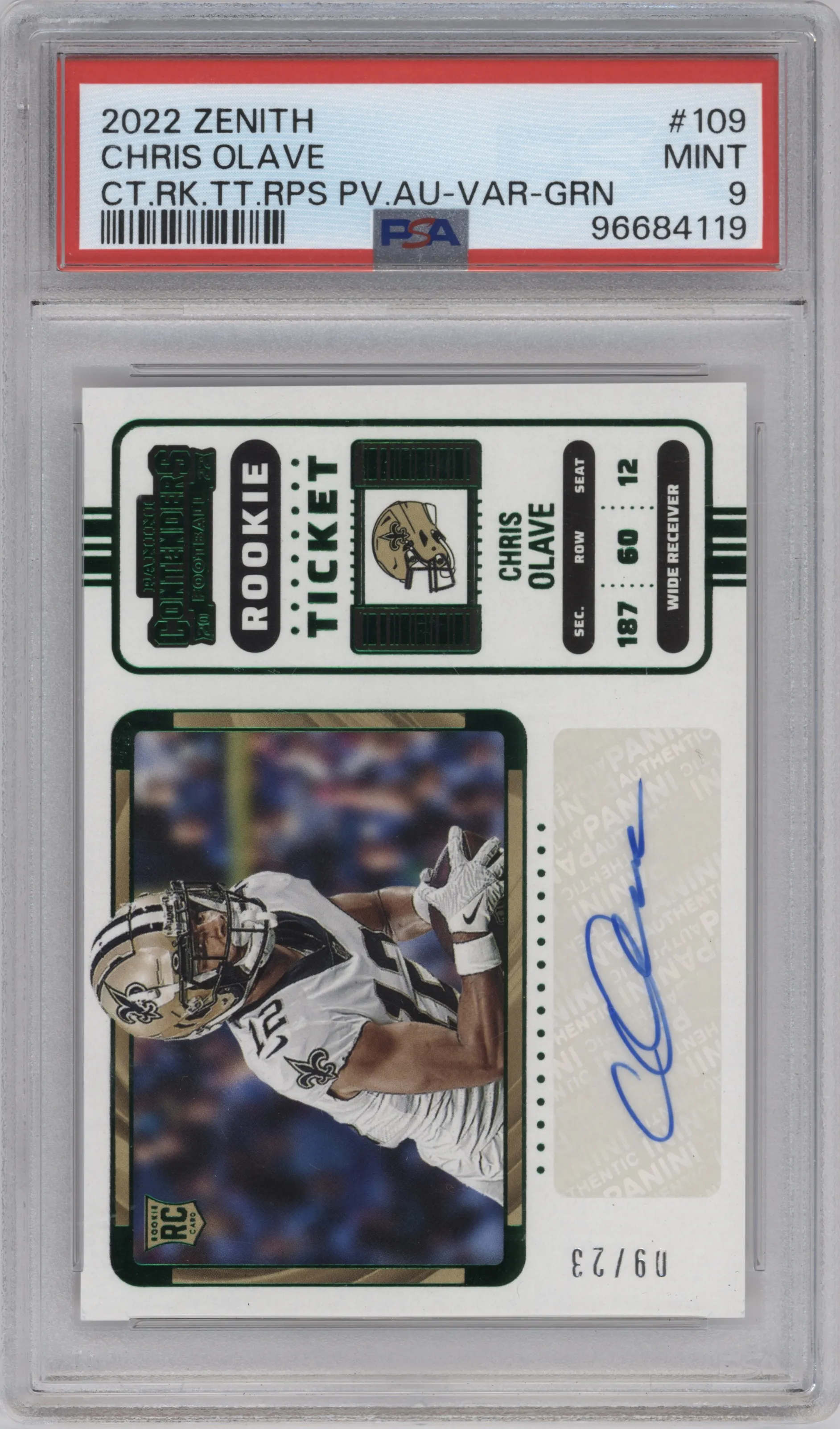 2022 Panini Zenith Cont.Rke.Tkt.RPS Prev. Chris Olave Green Variation #109 PSA 9