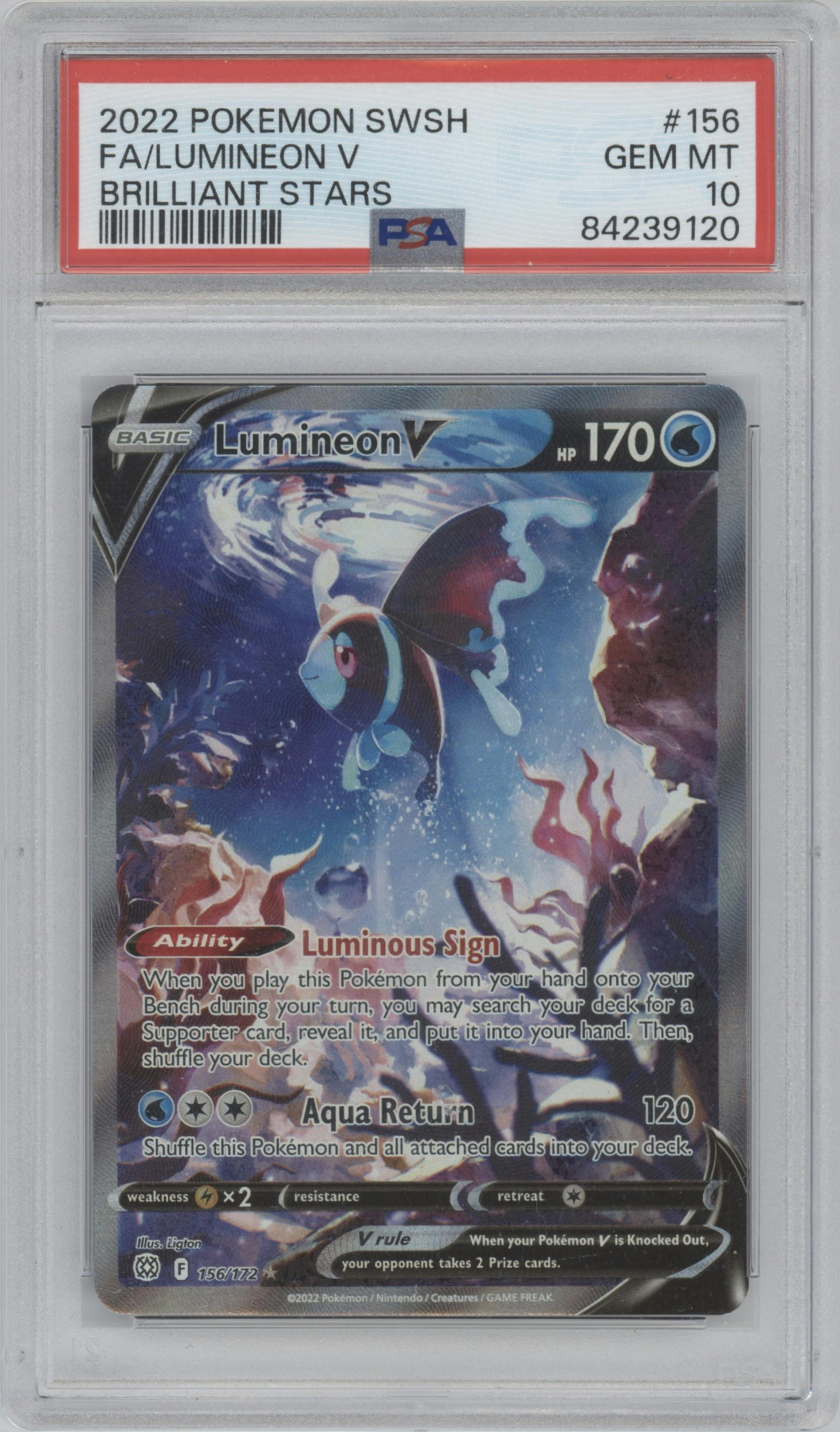 Lumineon V from the 2022 Pokemon SWSH set graded by PSA and given an overall grade of 10.