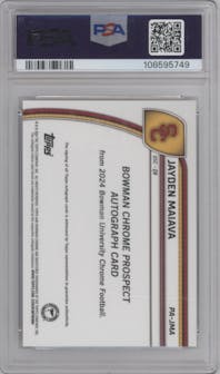 Jayden Maiava from the 2024 Bowman University Chrome set featuring a Gold Shimmer Refractor parallel graded by PSA and given an overall grade of 10.