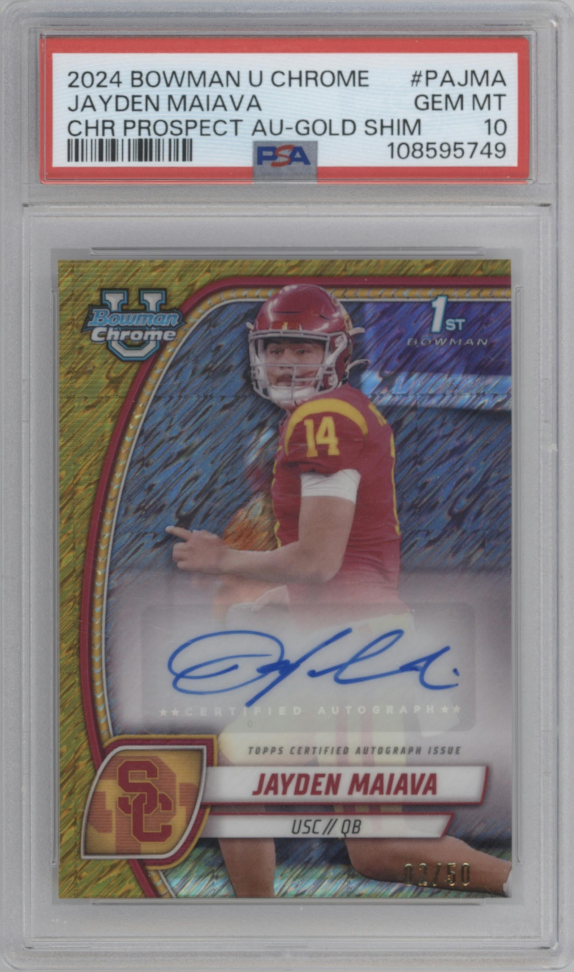 Jayden Maiava from the 2024 Bowman University Chrome set featuring a Gold Shimmer Refractor parallel graded by PSA and given an overall grade of 10.