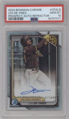 Leo De Vries from the 2024 Bowman Chrome set featuring a Refractor parallel graded by PSA and given an overall grade of 10.