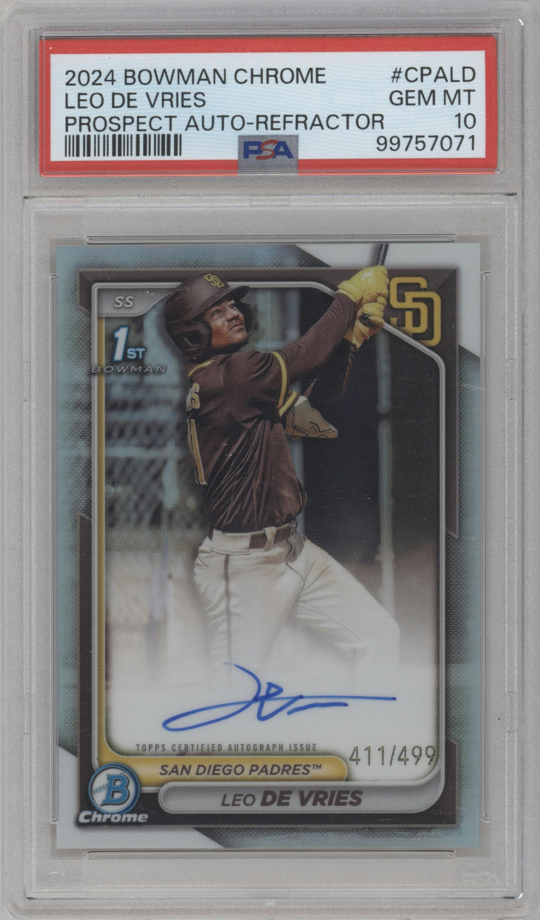 Leo De Vries from the 2024 Bowman Chrome set featuring a Refractor parallel graded by PSA and given an overall grade of 10.