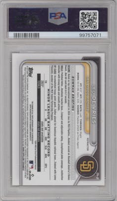 Leo De Vries from the 2024 Bowman Chrome set featuring a Refractor parallel graded by PSA and given an overall grade of 10.