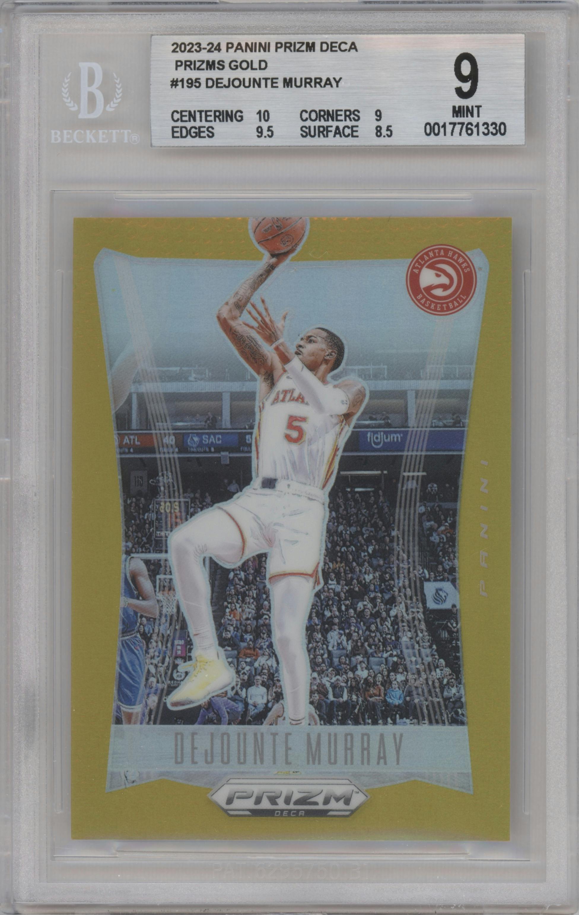 Dejounte Murray from the 2023-24 Panini Prizm Deca set featuring a Gold Prizm parallel graded by Beckett and given an overall grade of 9.