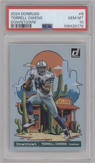 Terrell Owens from the 2024 Donruss set graded by PSA and given an overall grade of 10.