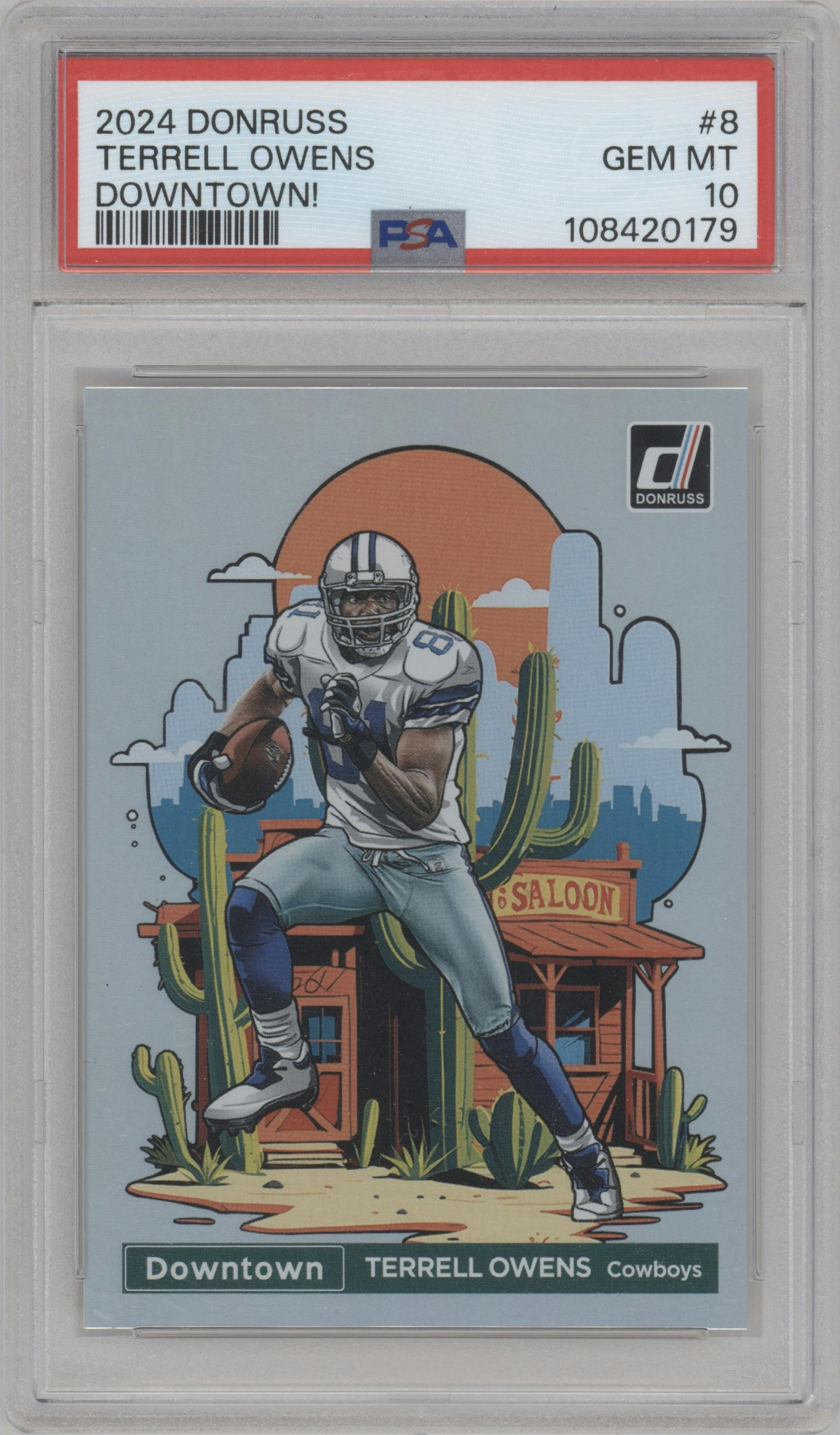Terrell Owens from the 2024 Donruss set graded by PSA and given an overall grade of 10.