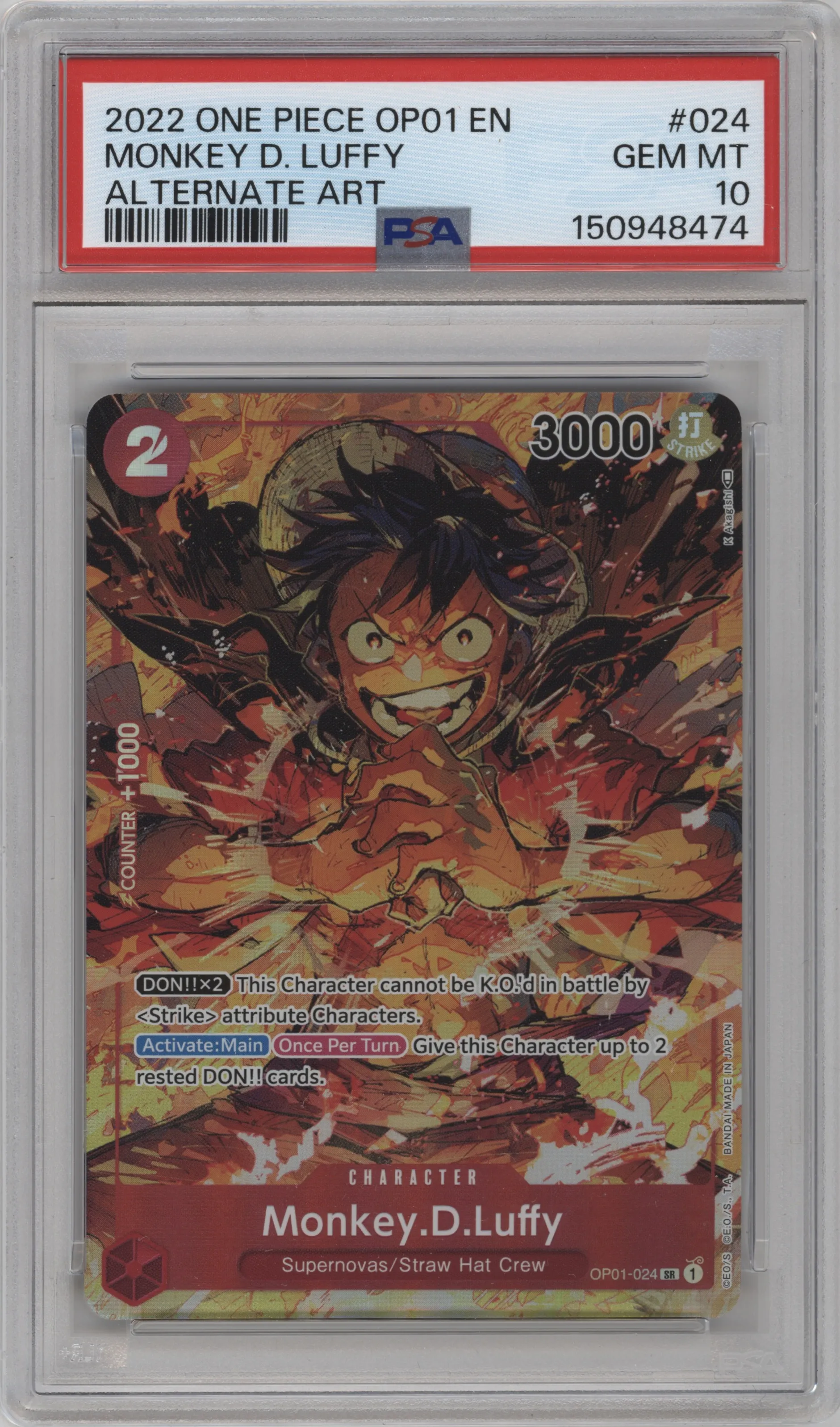 2022 One Piece Romance Dawn Monkey.D.Luffy Alternate Art SR #OP01-024 SR PSA 10