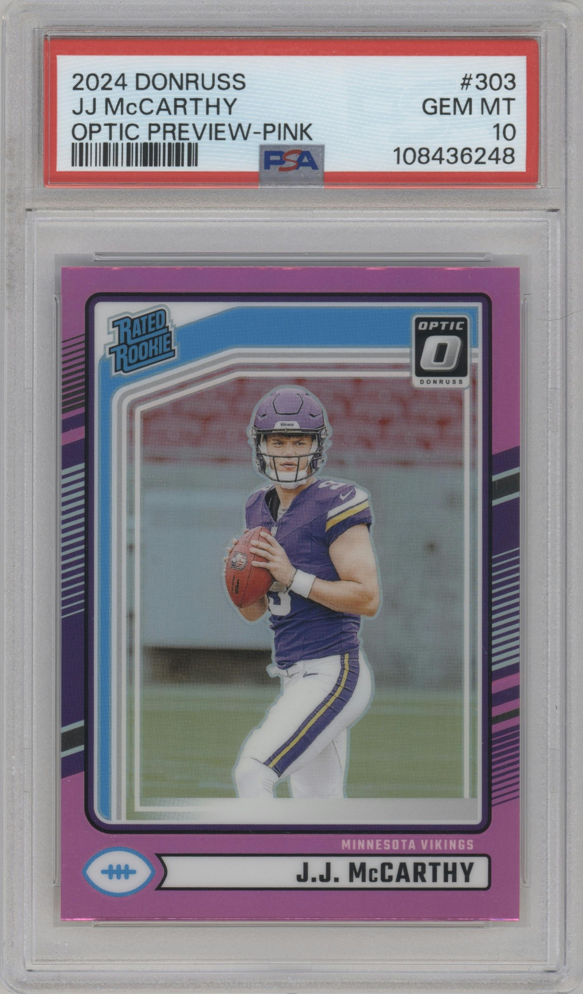 J.J. McCarthy from the 2024 Donruss set featuring a Pink parallel graded by PSA and given an overall grade of 10.