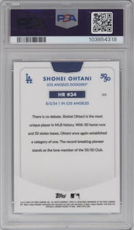 Shohei Ohtani from the 2024 Topps 50/50 set featuring a LA Logofractor	 parallel graded by PSA and given an overall grade of 9.