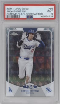 Shohei Ohtani from the 2024 Topps 50/50 set featuring a LA Logofractor	 parallel graded by PSA and given an overall grade of 9.