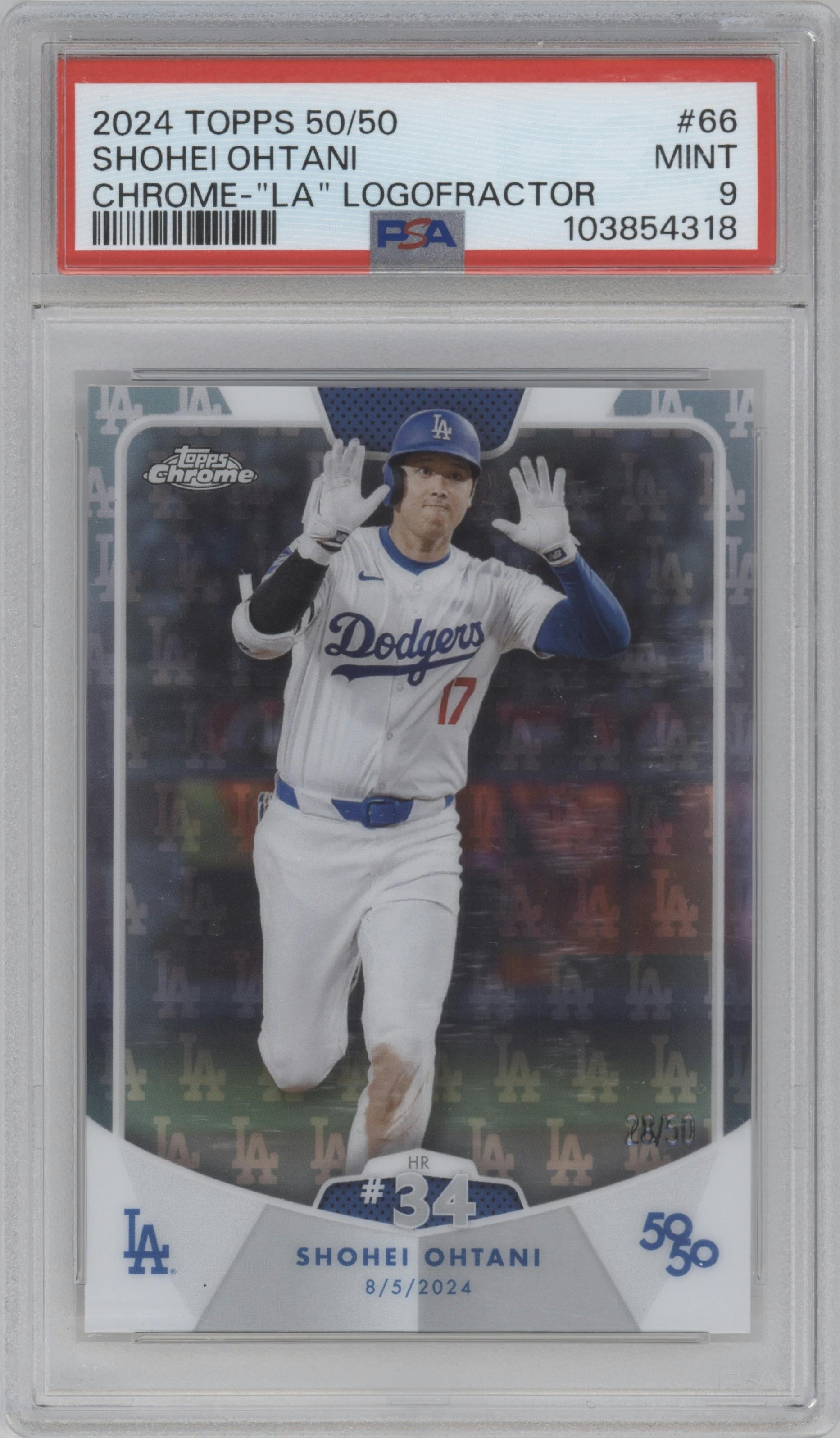 Shohei Ohtani from the 2024 Topps 50/50 set featuring a LA Logofractor	 parallel graded by PSA and given an overall grade of 9.