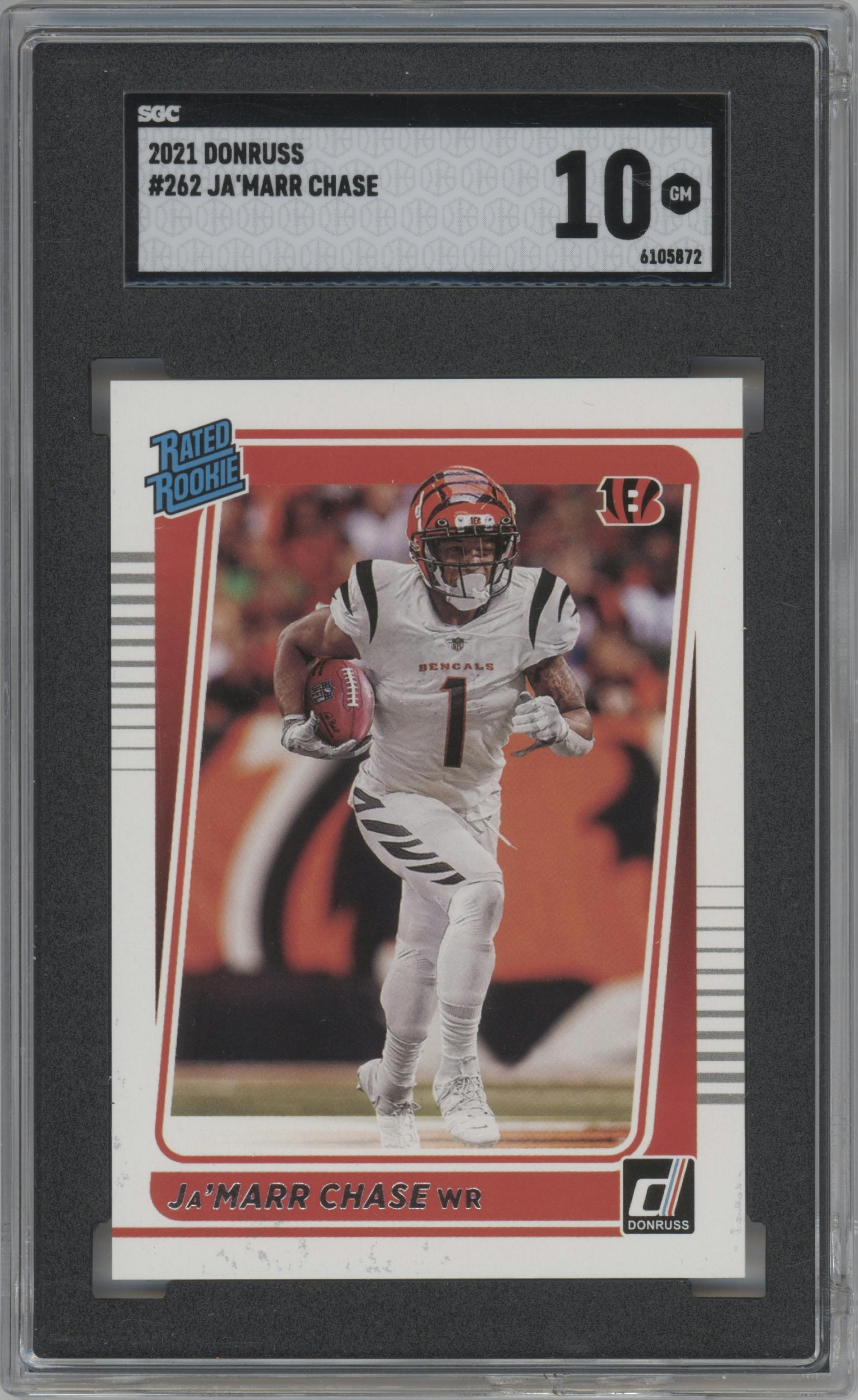 Ja'Marr Chase from the 2021 Panini Donruss set graded by SGC and given an overall grade of 10.