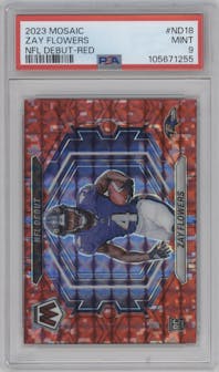 Zay Flowers from the 2023 Panini Mosaic set featuring a Red Mosaic parallel graded by PSA and given an overall grade of 9.