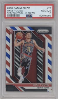 Trae Young from the 2018-19 Panini Prizm set featuring a Red White Blue Prizm parallel graded by PSA and given an overall grade of 10.