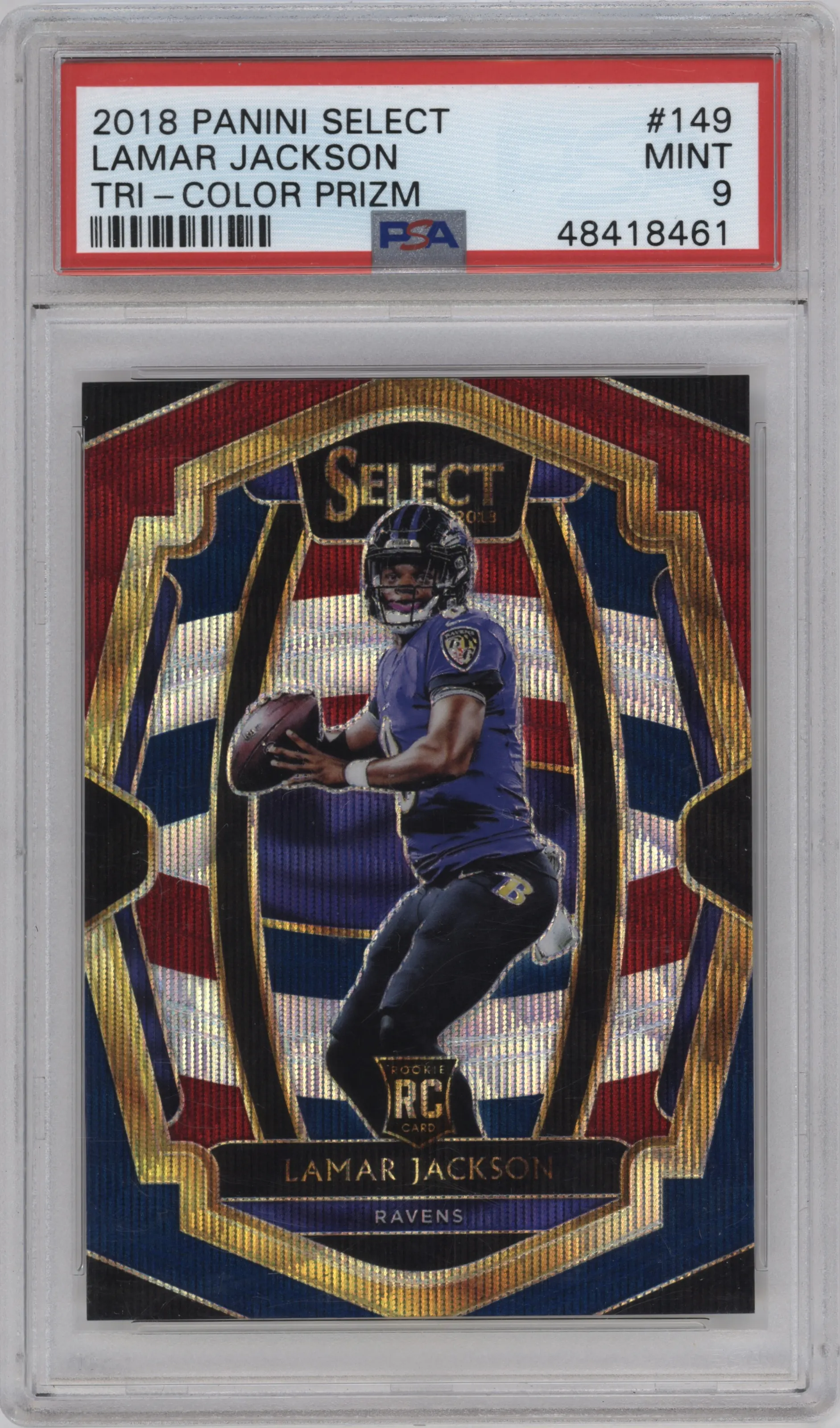 2018 Panini Select Pre.Lvl. Lamar Jackson Tri-Color #149 PSA 9