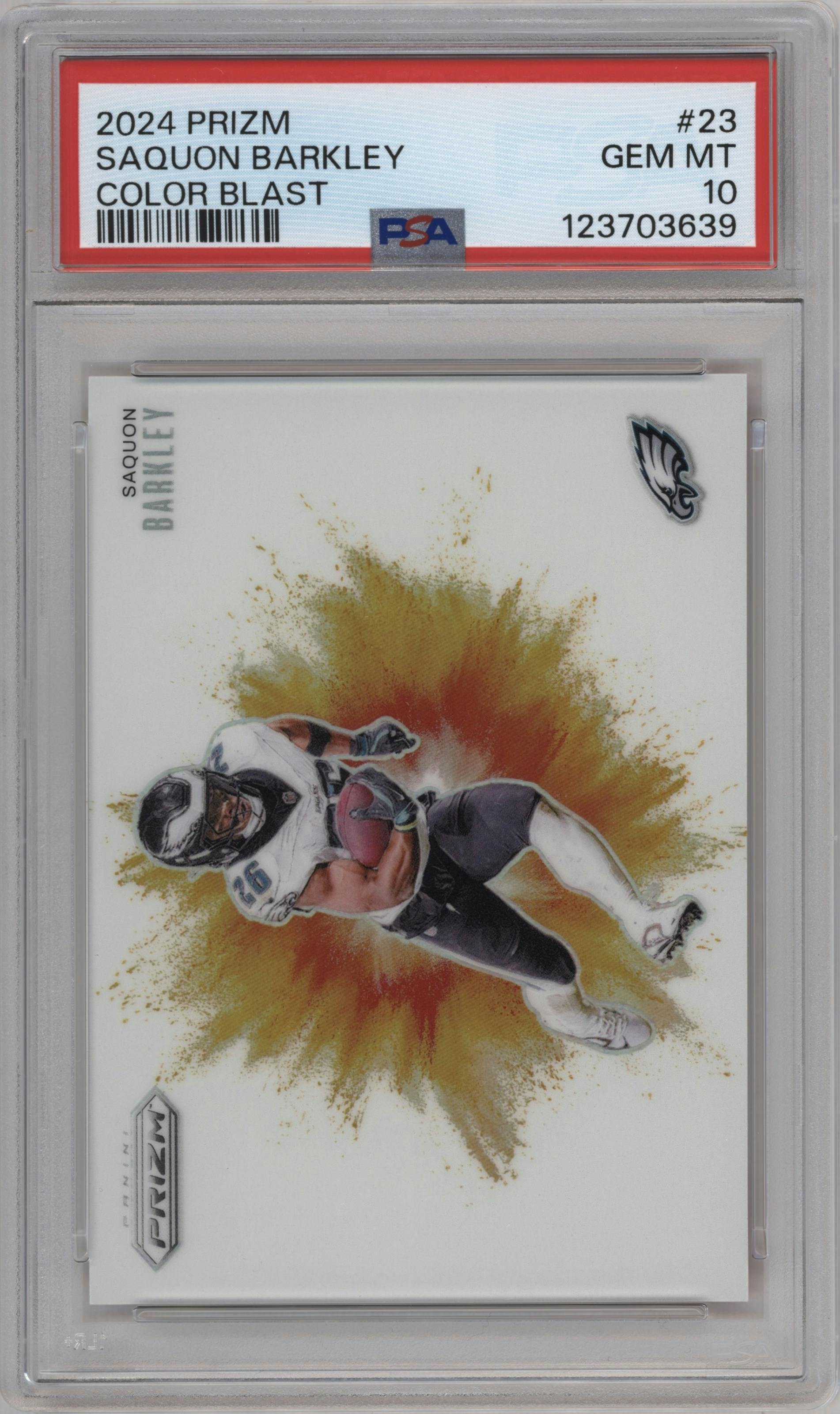 Saquon Barkley from the 2024 Panini Prizm set graded by PSA and given an overall grade of 10.