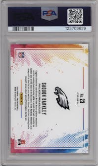 Saquon Barkley from the 2024 Panini Prizm set graded by PSA and given an overall grade of 10.