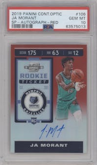 Ja Morant from the 2019-20 Panini Contenders Optic set featuring a Red parallel graded by PSA and given an overall grade of 10.