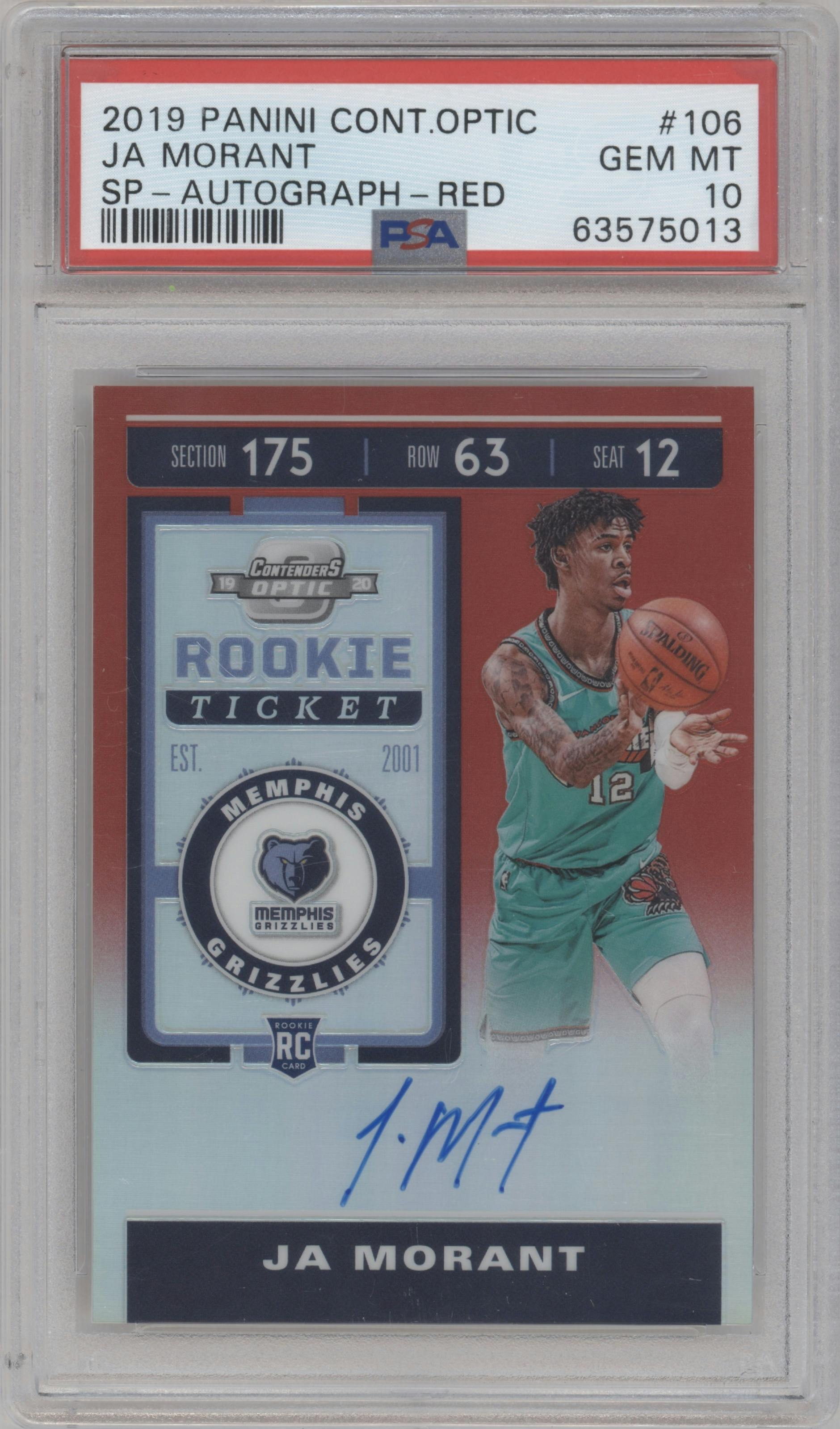 Ja Morant from the 2019-20 Panini Contenders Optic set featuring a Red parallel graded by PSA and given an overall grade of 10.