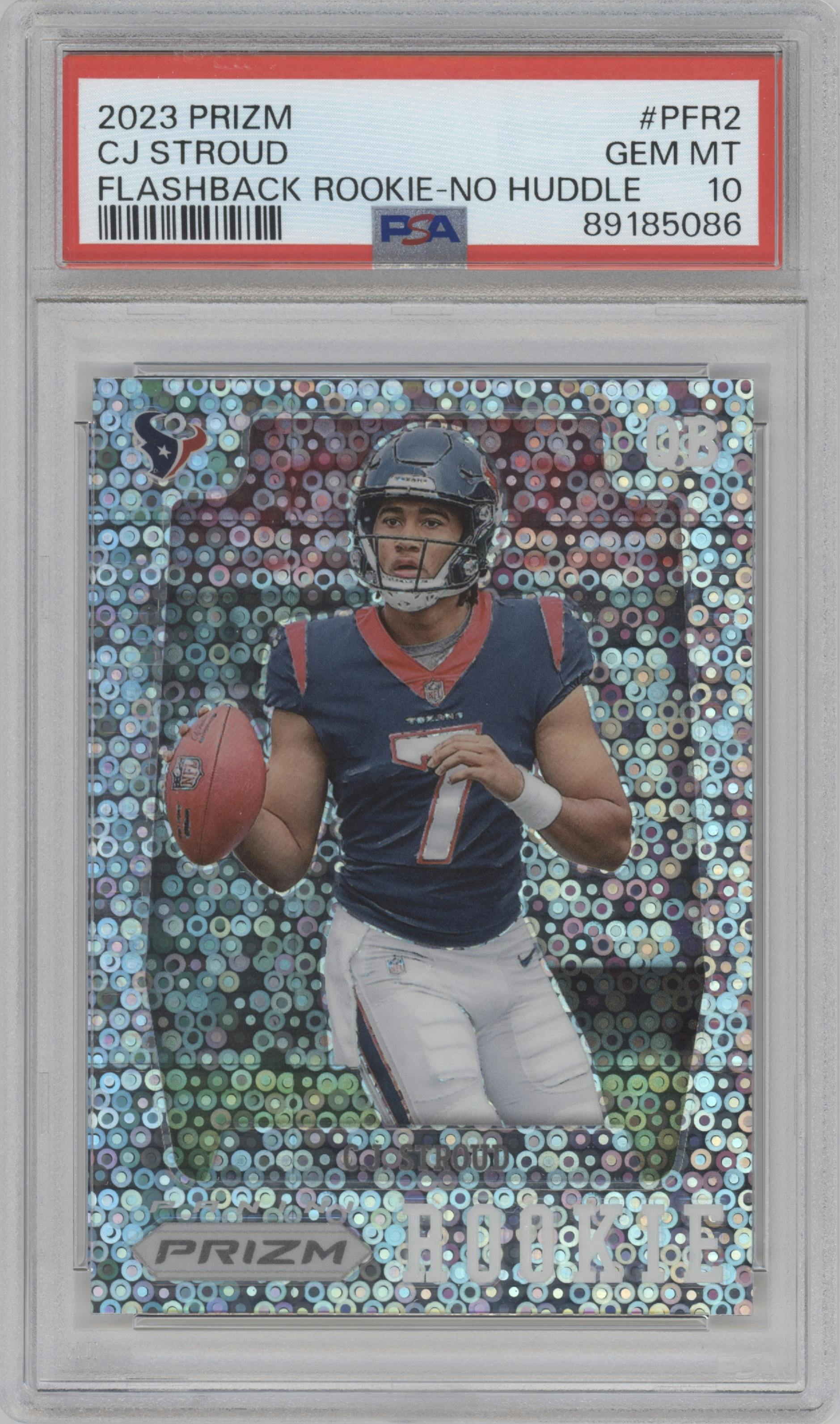 C.J. Stroud from the 2023 Panini Prizm set featuring a No Huddle parallel graded by PSA and given an overall grade of 10.