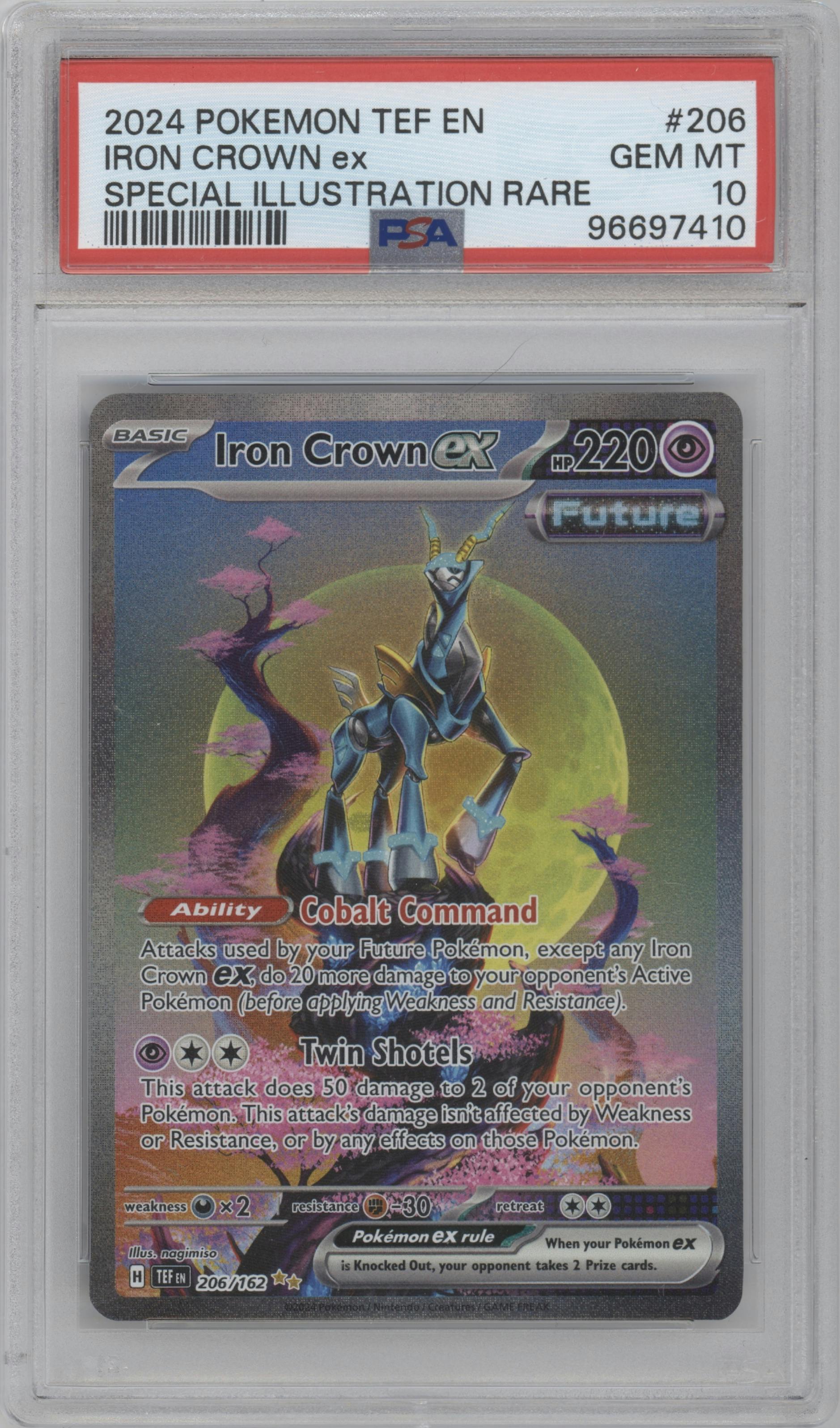 Iron Crown EX from the 2024 Pokemon SV set graded by PSA and given an overall grade of 10.