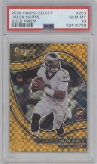 Jalen Hurts from the 2020 Panini Select set featuring a Gold Prizm parallel graded by PSA and given an overall grade of 10.