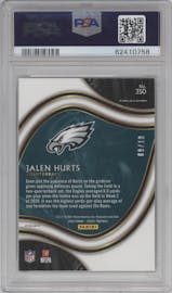 Jalen Hurts from the 2020 Panini Select set featuring a Gold Prizm parallel graded by PSA and given an overall grade of 10.