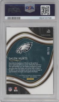 Jalen Hurts from the 2020 Panini Select set featuring a Gold Prizm parallel graded by PSA and given an overall grade of 10.