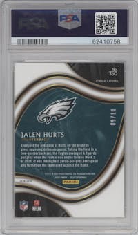Jalen Hurts from the 2020 Panini Select set featuring a Gold Prizm parallel graded by PSA and given an overall grade of 10.