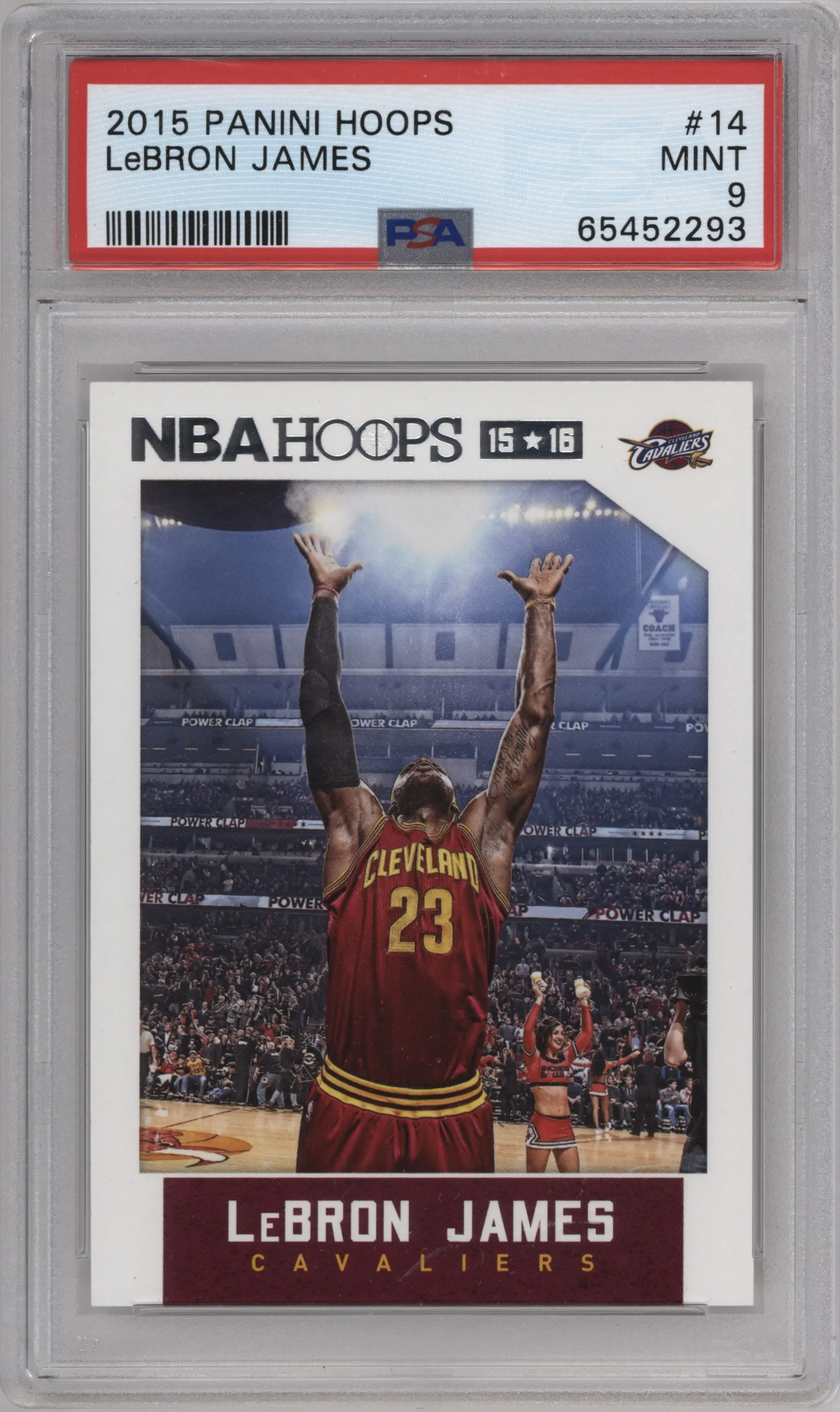 LeBron James from the 2015-16 Panini NBA Hoops set graded by PSA and given an overall grade of 9.
