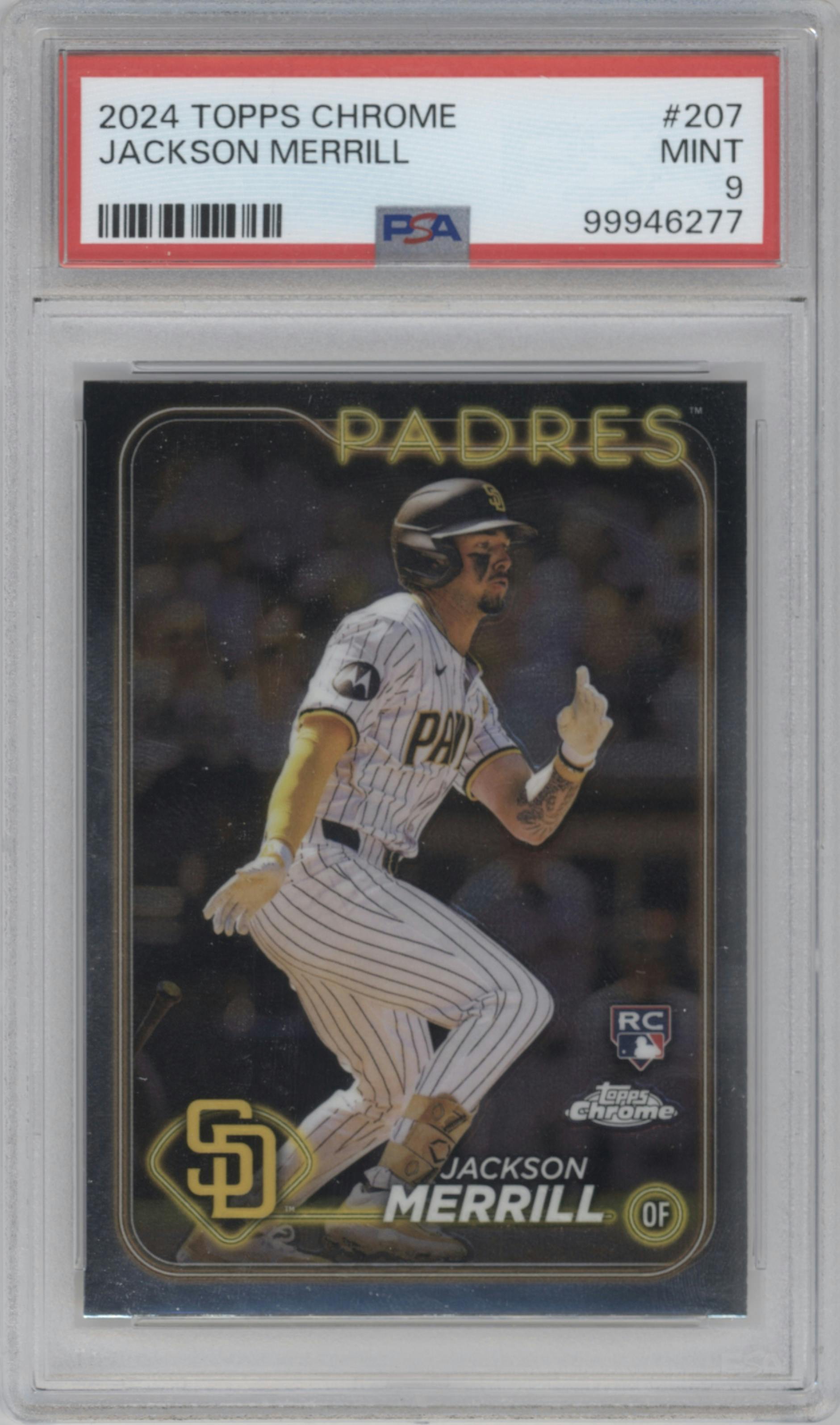 Jackson Merrill from the 2024 Topps Chrome set graded by PSA and given an overall grade of 9.