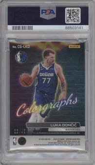 Luka Doncic from the 2022-23 Panini Spectra set featuring a Astral parallel graded by PSA and given an overall grade of 9.