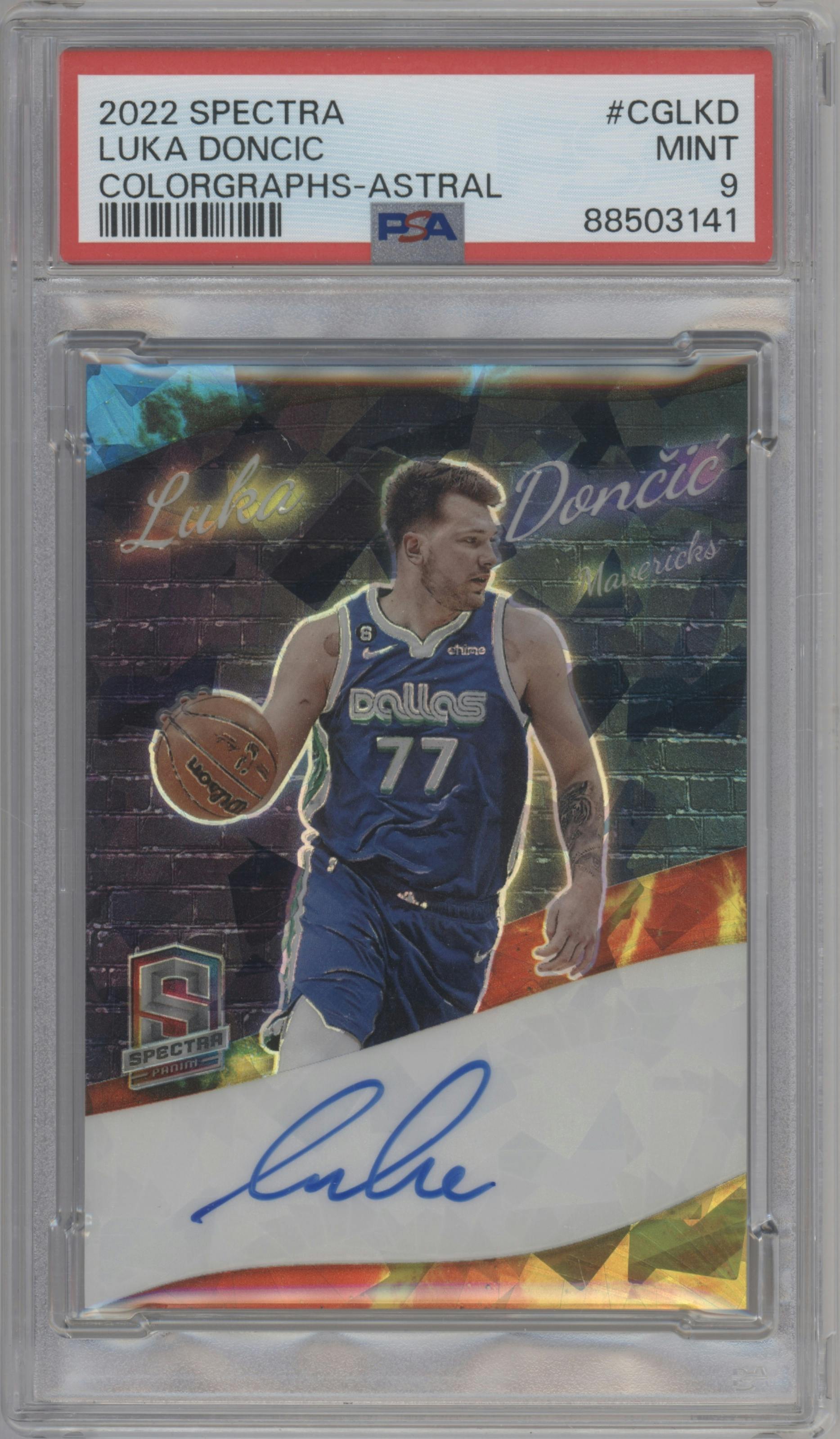 Luka Doncic from the 2022-23 Panini Spectra set featuring a Astral parallel graded by PSA and given an overall grade of 9.
