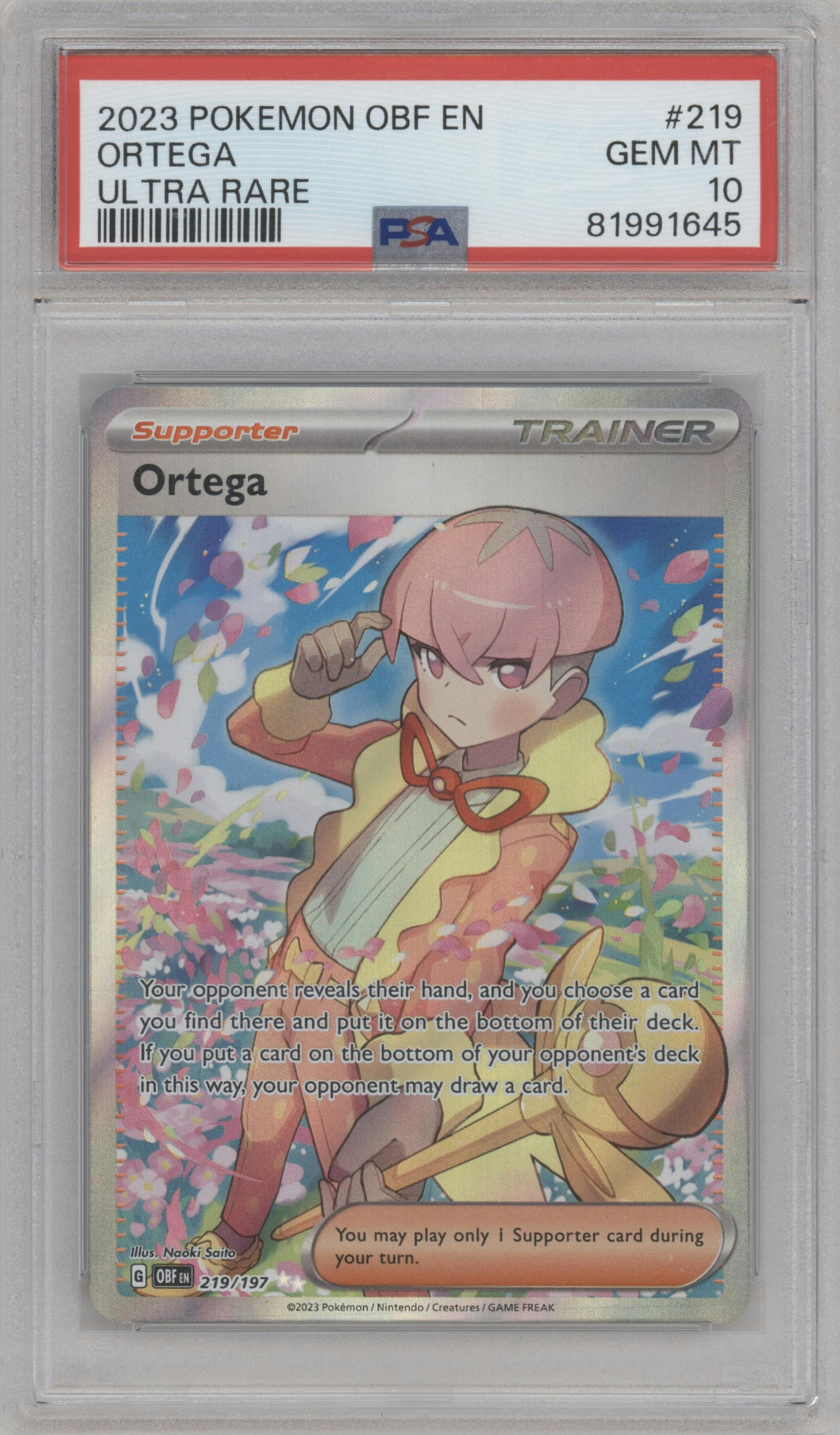 Ortega  from the 2023 Pokemon SV set graded by PSA and given an overall grade of 10.