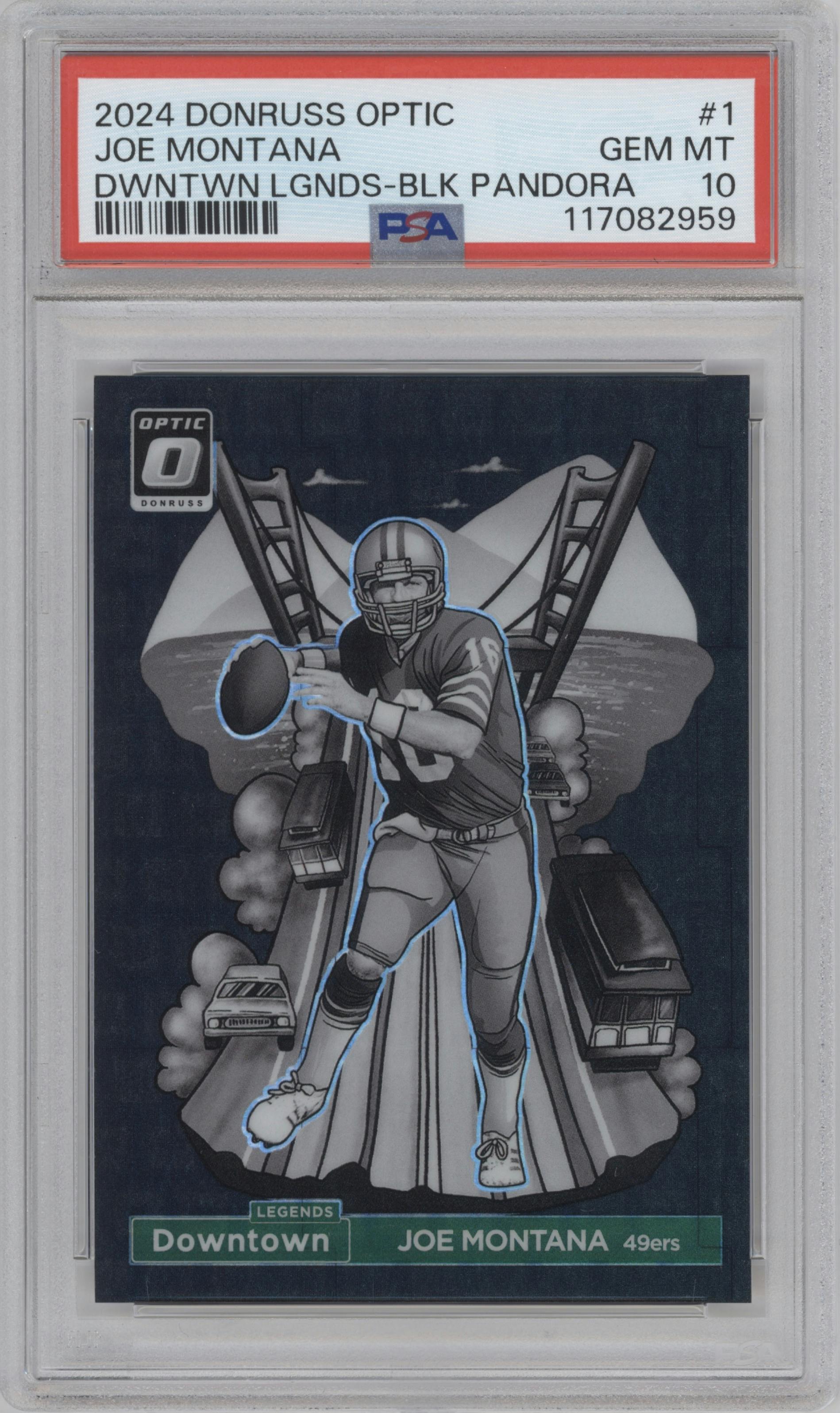 Joe Montana from the 2024 Donruss Optic set featuring a Black Pandora parallel graded by PSA and given an overall grade of 10.
