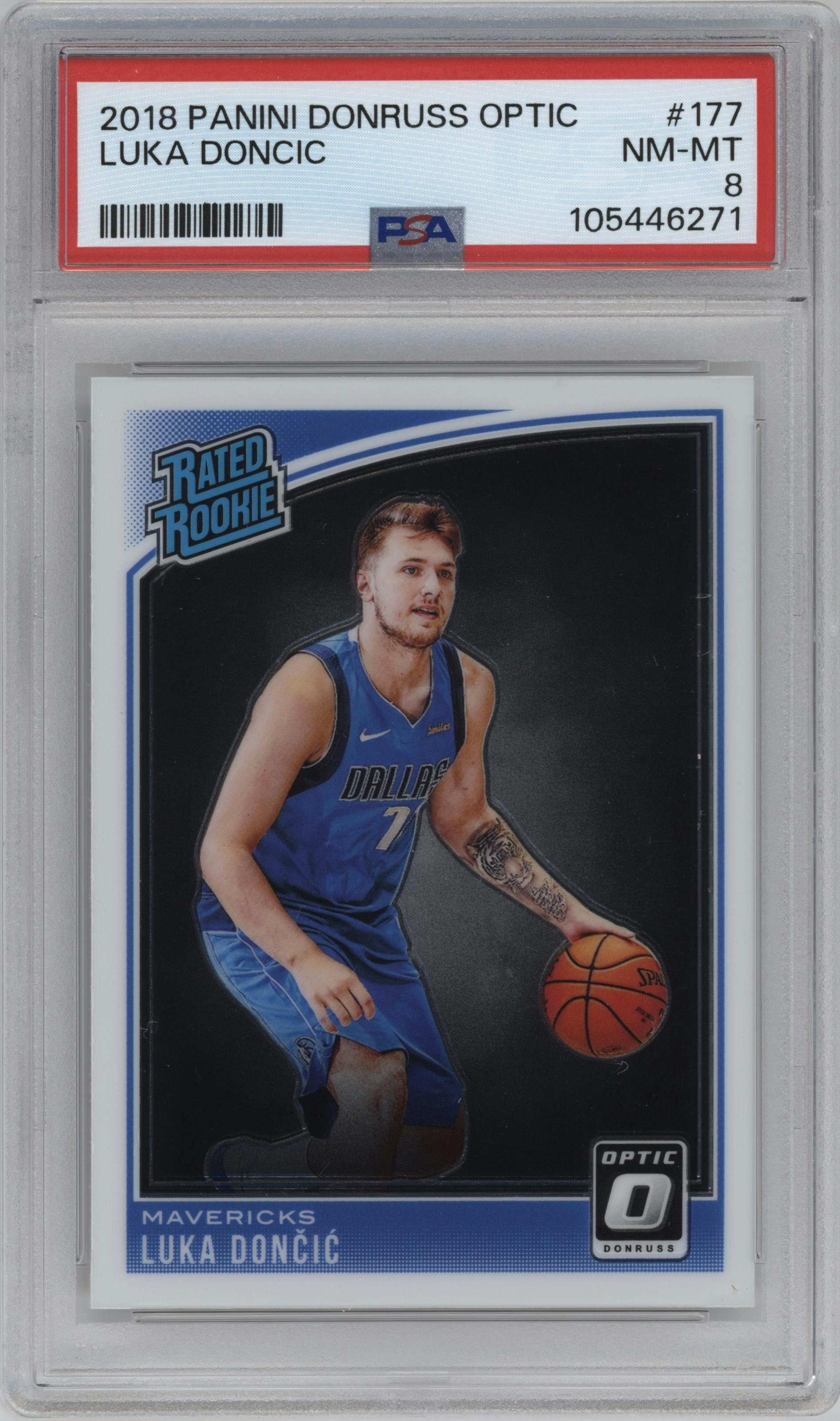 Luka Doncic from the 2018-19 Panini Donruss Optic set graded by PSA and given an overall grade of 8.