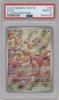 Eevee from the 2024 Pokemon SV set graded by PSA and given an overall grade of 10.