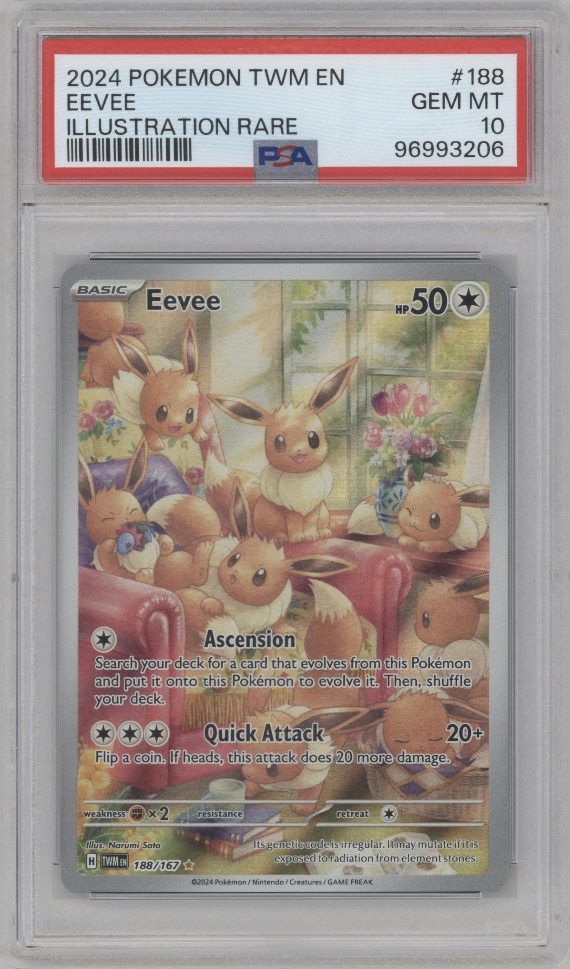 Eevee from the 2024 Pokemon SV set graded by PSA and given an overall grade of 10.