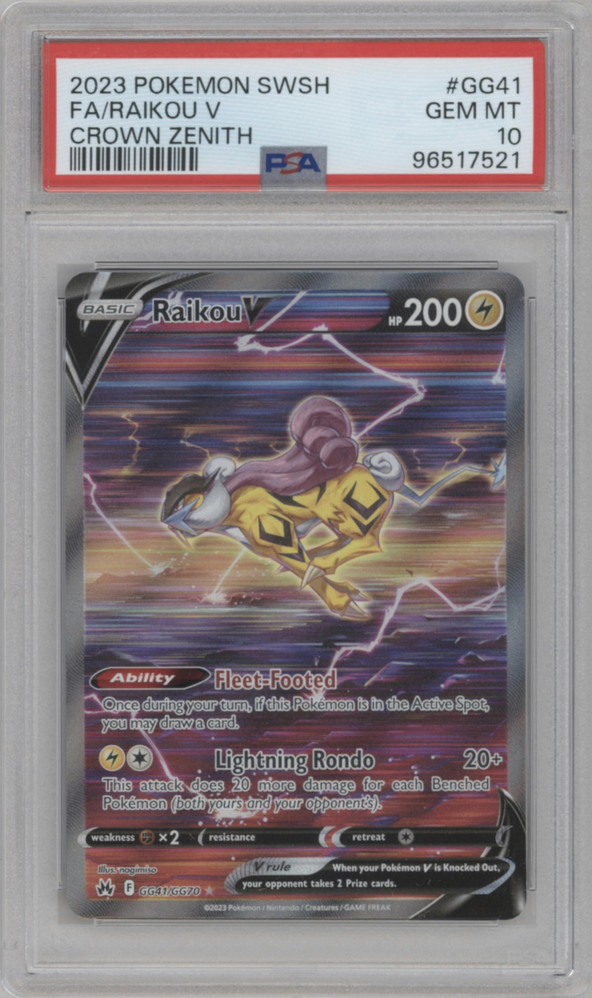 Raikou V from the 2023 Pokemon SWSH set graded by PSA and given an overall grade of 10.
