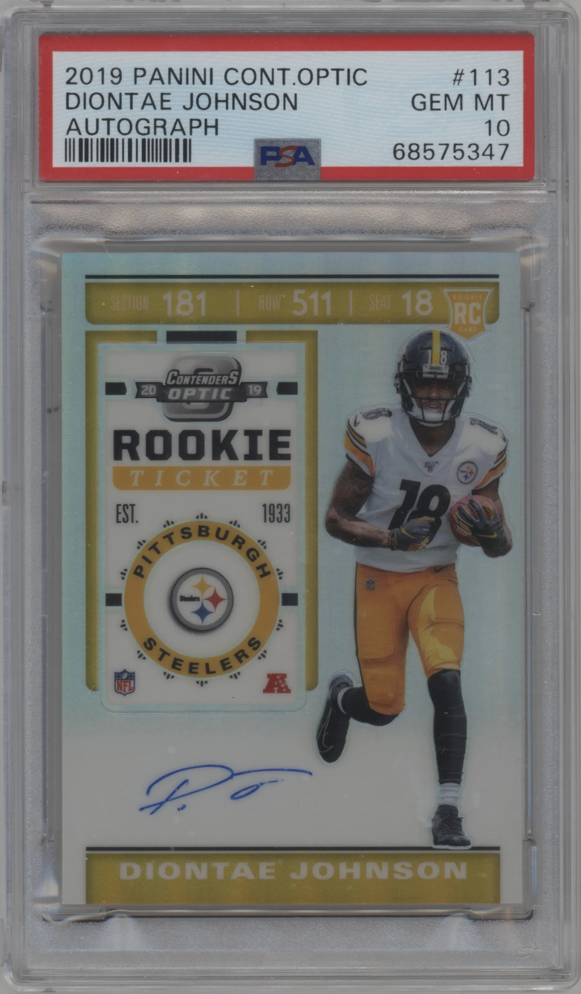 2019 Panini Contenders Optic Rke.Tkt RPS Auto Diontae Johnson #113 PSA 10