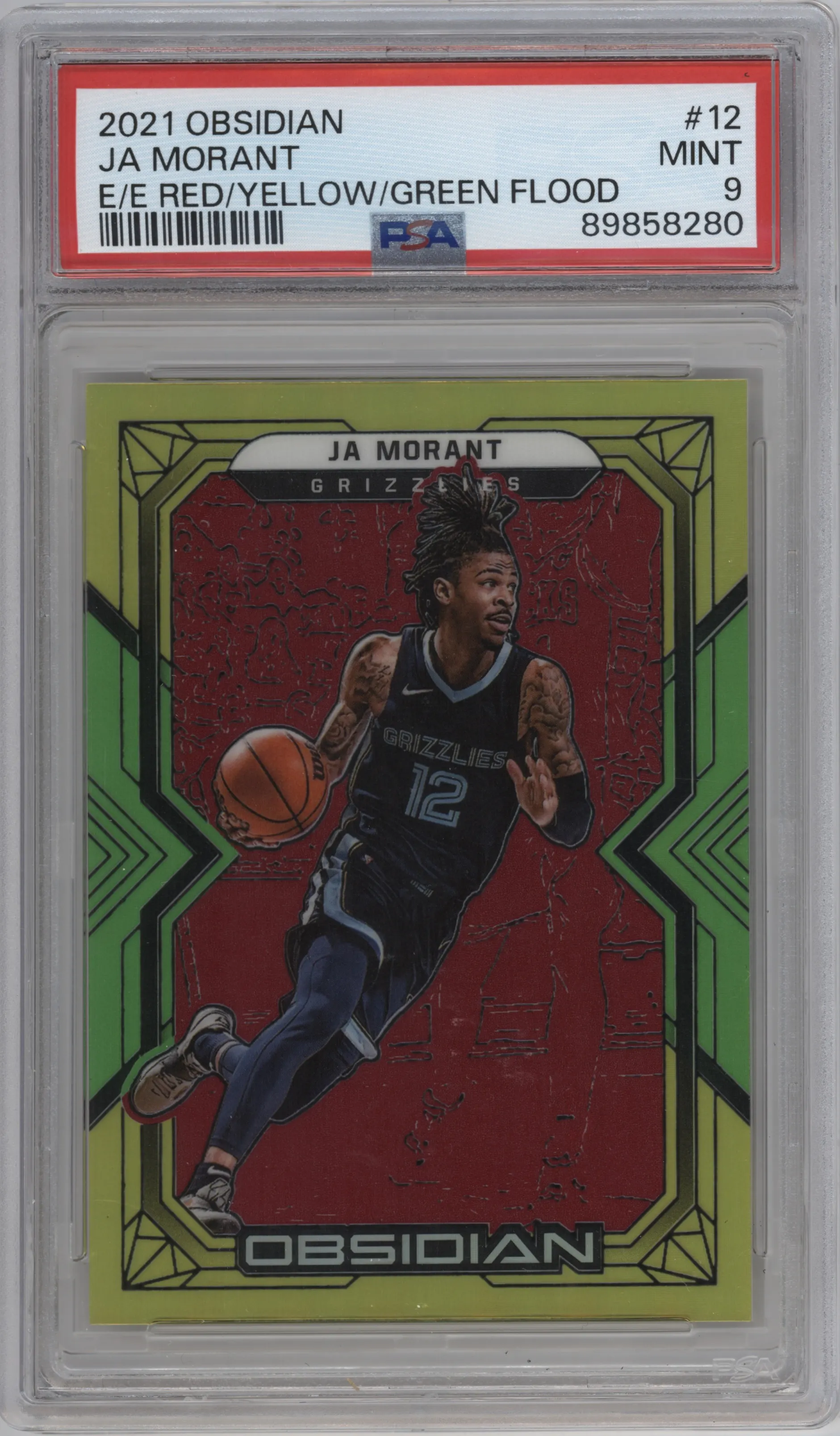 2021 Panini Obsidian Ja Morant Electric Etch Red/Yellow/Green Flood #12 PSA 9