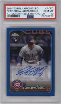 Pete Crow-Armstrong from the 2024 Topps Chrome Update set featuring a Blue Refractor parallel graded by PSA and given an overall grade of 10.