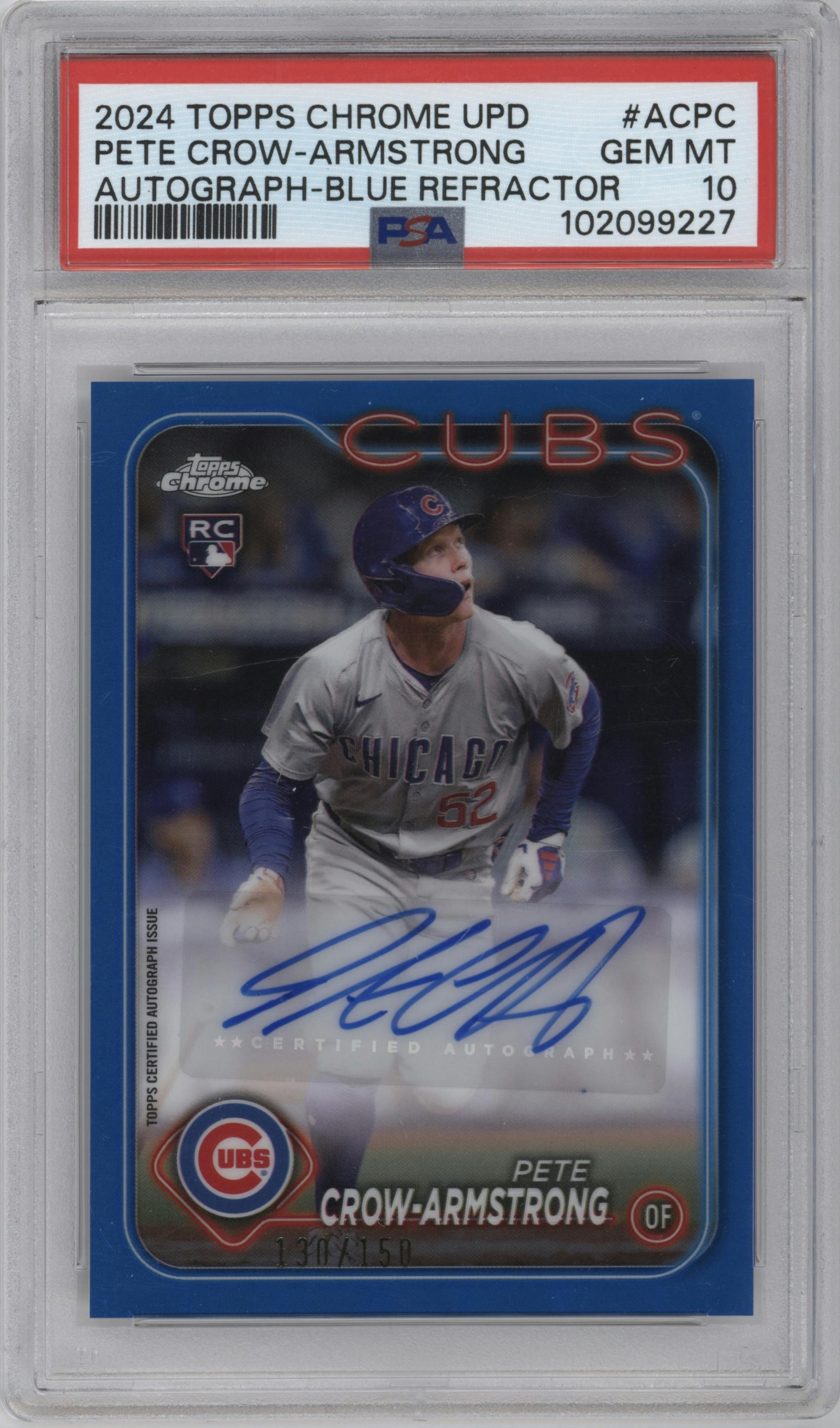 Pete Crow-Armstrong from the 2024 Topps Chrome Update set featuring a Blue Refractor parallel graded by PSA and given an overall grade of 10.