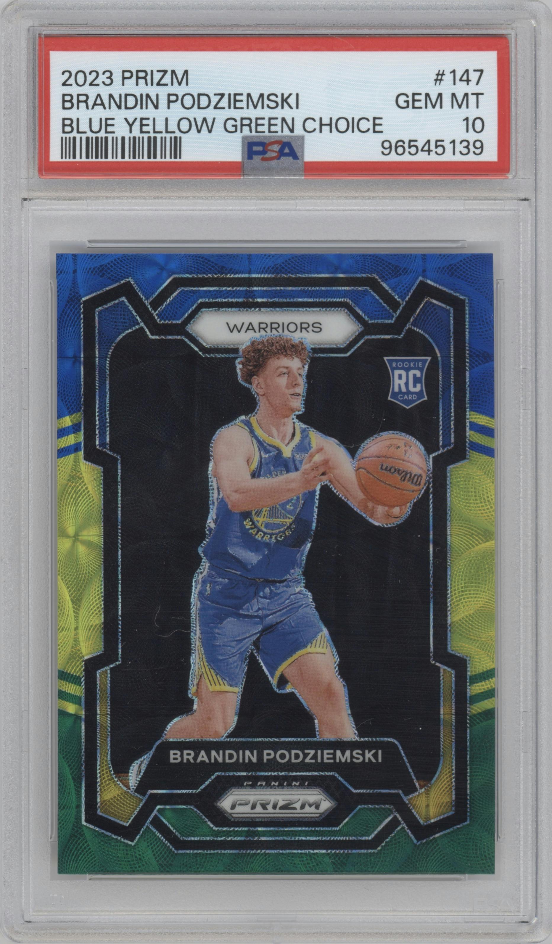 Brandin Podziemski from the 2023-24 Panini Prizm set featuring a Choice Blue/Yellow/Green parallel graded by PSA and given an overall grade of 10.