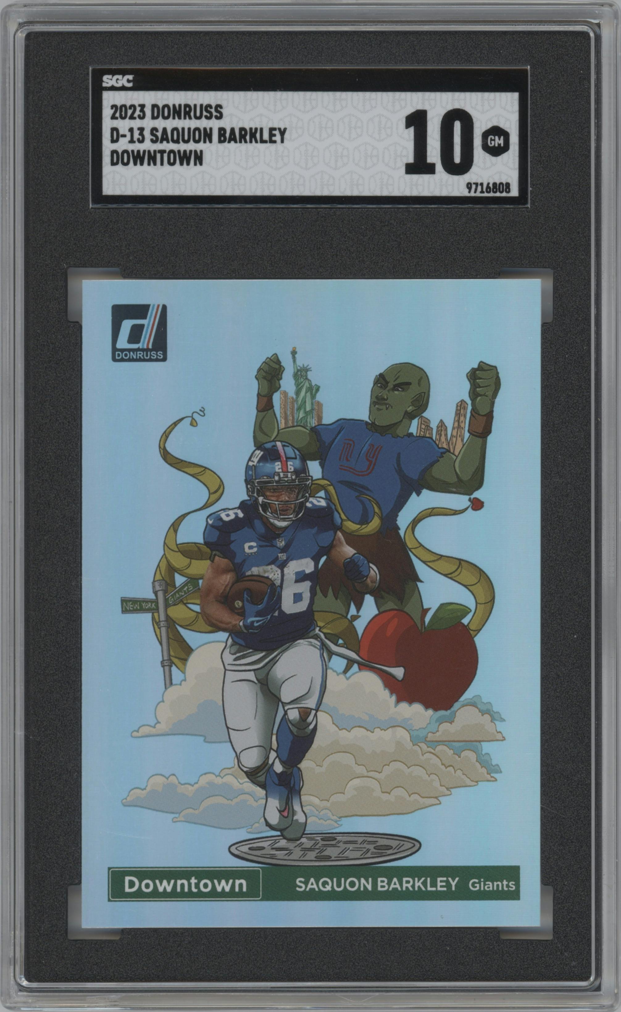 Saquon Barkley from the 2023 Panini Donruss set graded by SGC and given an overall grade of 10.