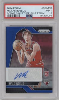Matas Buzelis from the 2024-25 Panini Prizm set featuring a Blue Prizm parallel graded by PSA and given an overall grade of 9.