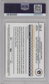 Jackson Chourio from the 2024 Topps Chrome Sapphire set featuring a Gold parallel graded by PSA and given an overall grade of 10.