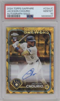 Jackson Chourio from the 2024 Topps Chrome Sapphire set featuring a Gold parallel graded by PSA and given an overall grade of 10.